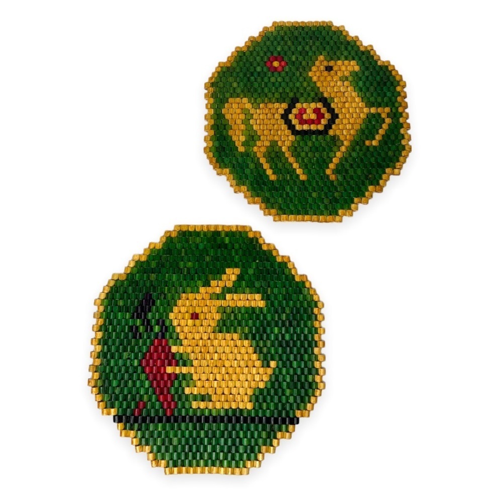 Vintage Bamboo Trivet 8” Folk‎ Art Wooden Bead Hot Pad Rabbit Horse Pair Decor